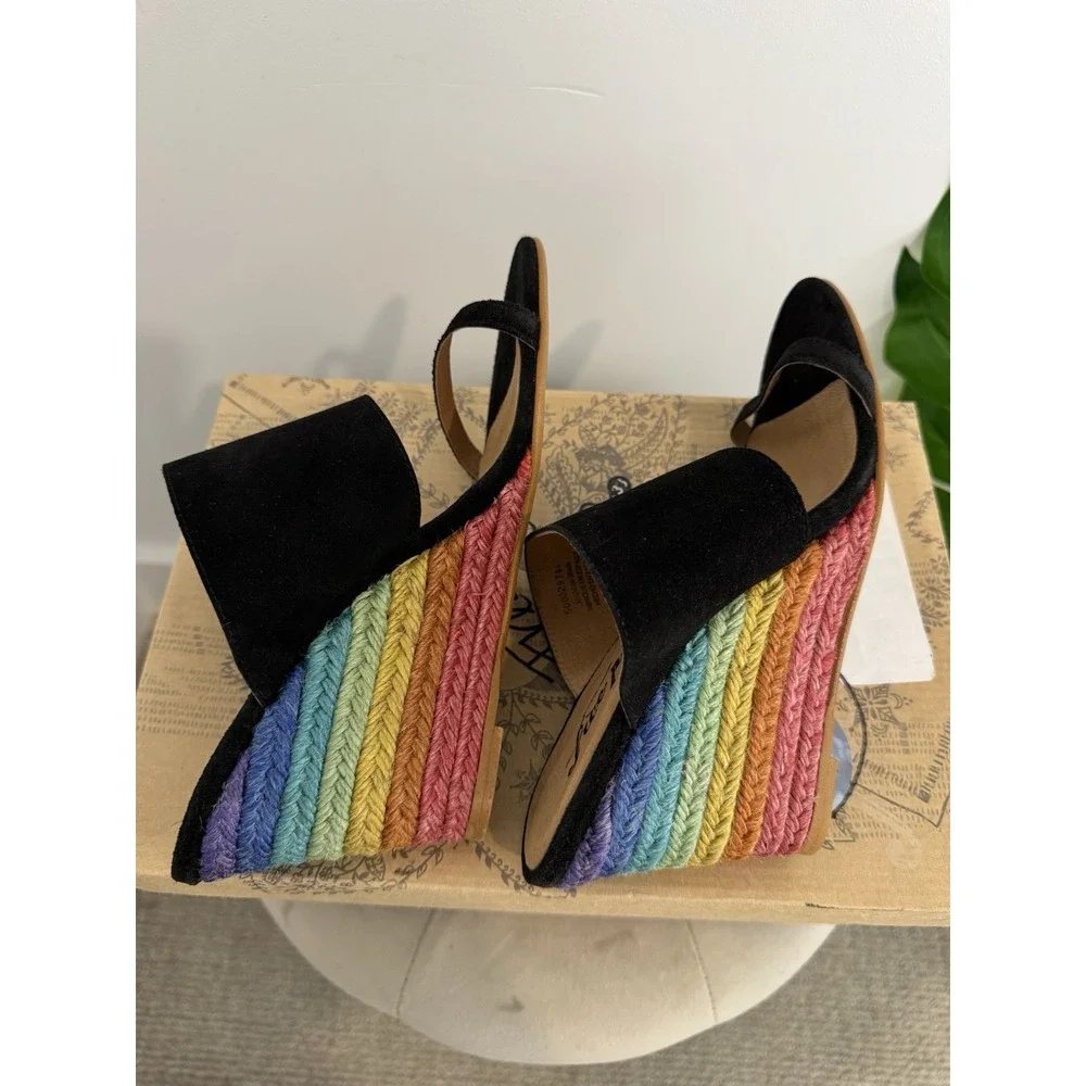 Free‎ People Women's Glorieta Black Suede Espadrille Rainbow Wedge Sz 38 NIB